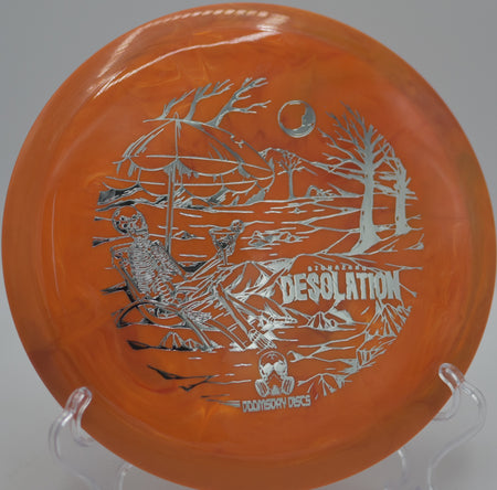 Doomsday Biohazard Desolation smashing a forehand approach at Brown Deer Park DGC in Milwaukee, WI, fading hard into Circle 1.