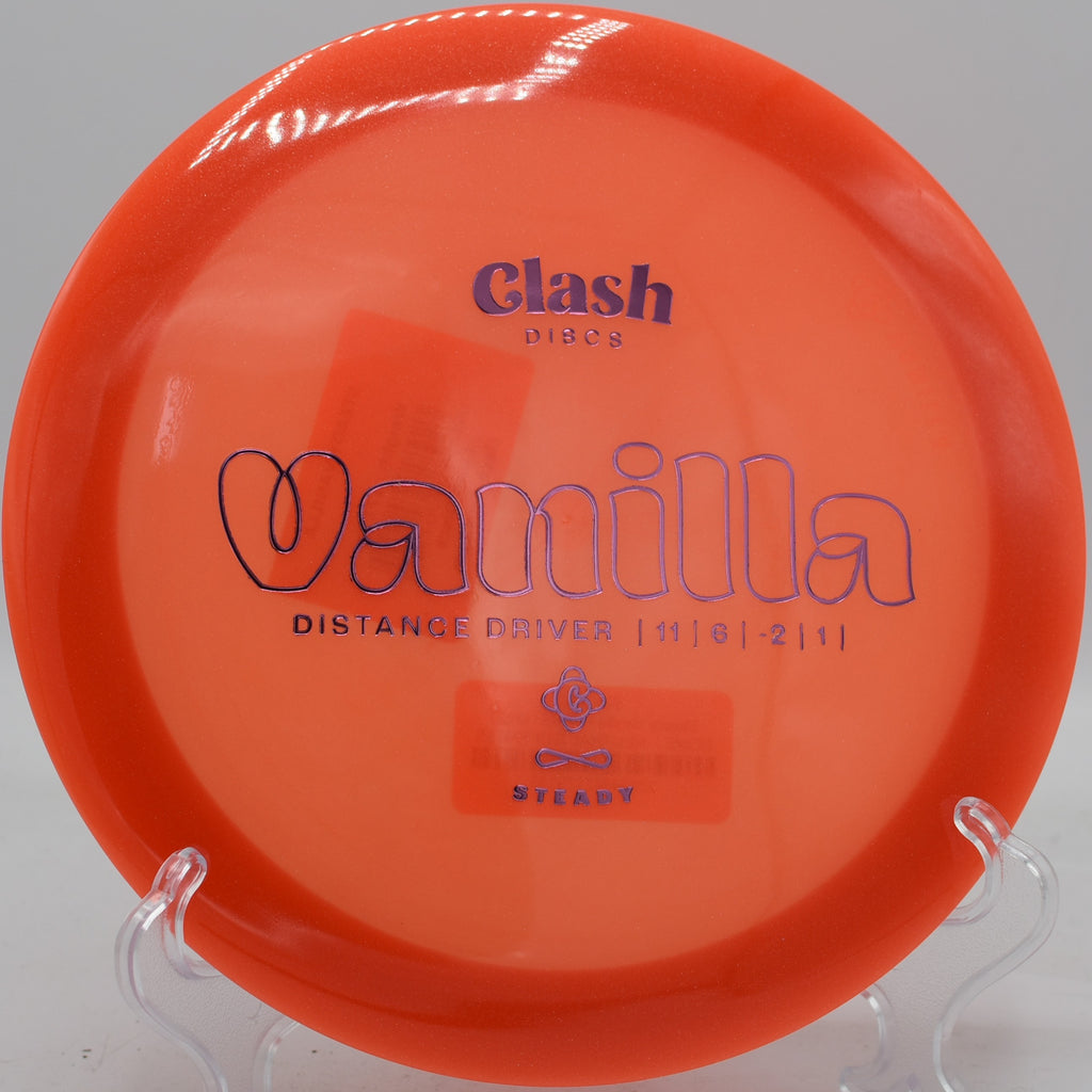 Clash Discs Vanilla in Steady plastic thrown on a wide flex line, fading reliably at Eagles Crossing.

