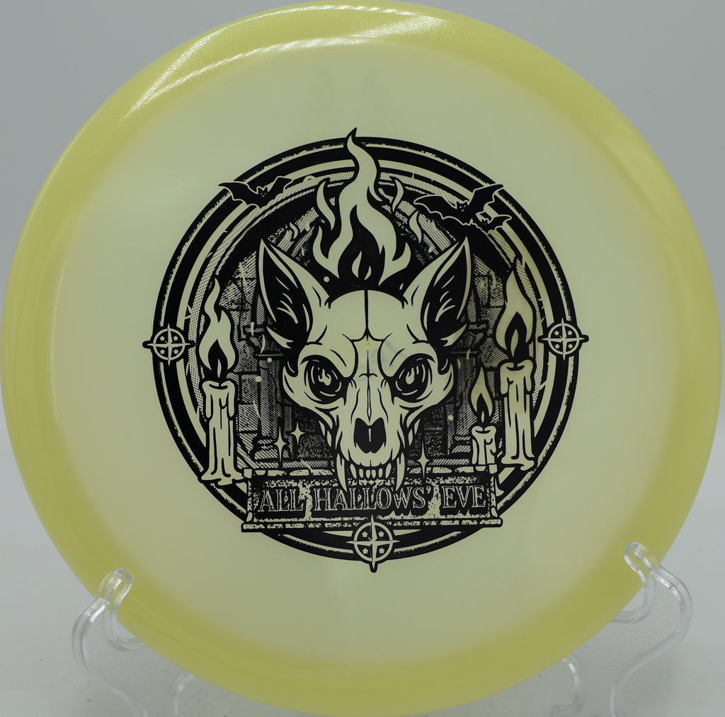 Proto-Glow Champion Fox Innova glow disc gliding with control at Kaposia Park Disc Golf Course in South St. Paul, Minnesota.