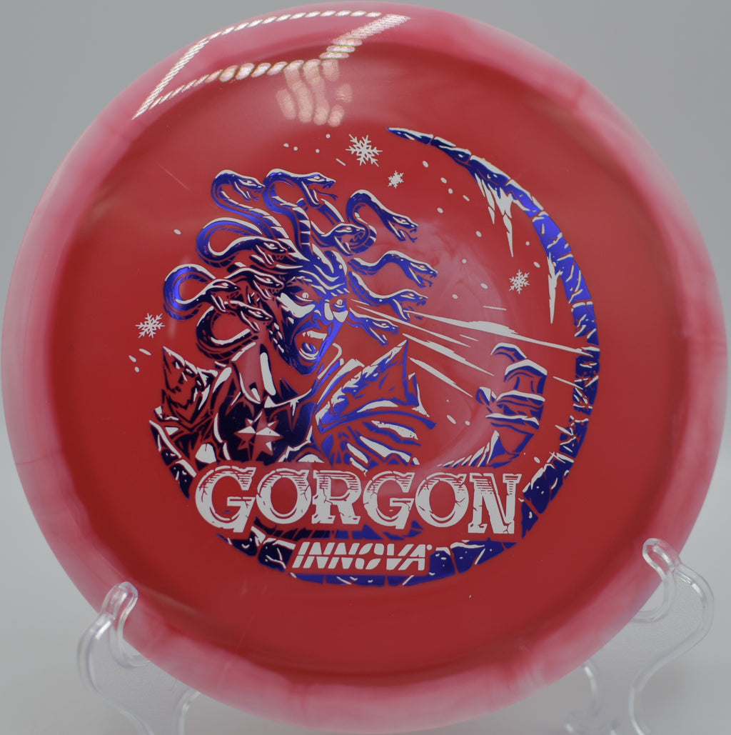 Holiday Edition Halo Gorgon ripping a downhill bomb at Camp Sekani DGC in Spokane, WA, gliding endlessly on a flat release.