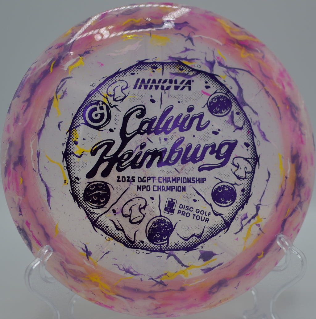 Innova Party Time Destroyer landing softly after a max-distance drive at Palm Beach Gardens Disc Golf Course in Palm Beach Gardens, Florida.