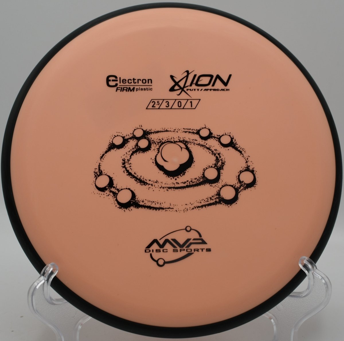 Electron Firm Ion putter lying beside the basket pole after a straight approach shot at Airport Lakes Disc Golf Course in Des Moines, Iowa