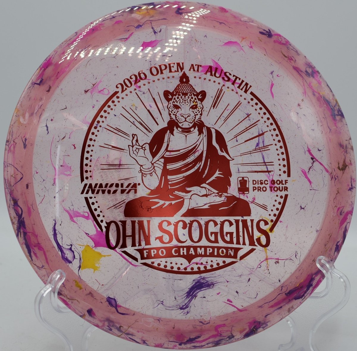 Ohn Scoggins Commemorative Leopard3 photographed at Milo McIver Disc Golf Course in Estacada, Oregon, designed for straight fairway drives and smooth shot shaping