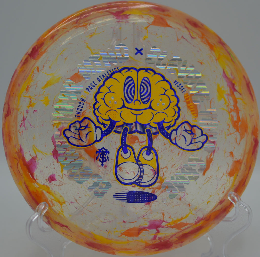 Player gripping a Vex Breaker Vessel for a max-distance rip at Fox Chase Disc Golf Course in Albemarle, North Carolina.