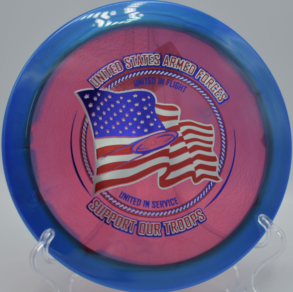 Halo Champion Firebird “Support Our Troops” edition resting on the tee pad at Kenwood Trail DGC in Lakeville, MN, showcasing its overstable 9-speed control.