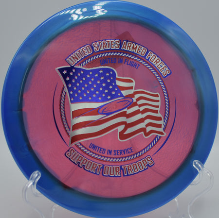 Halo Champion Firebird “Support Our Troops” edition resting on the tee pad at Kenwood Trail DGC in Lakeville, MN, showcasing its overstable 9-speed control.