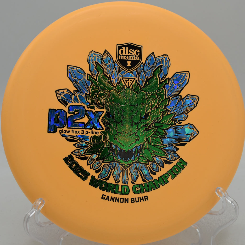 Glow Flex 3 P-Line P2x Gannon Buhr 2025 World Champion Triumph Series disc floating dead straight at Rollin’ Ridge Disc Golf Course in Reedsville, Wisconsin.