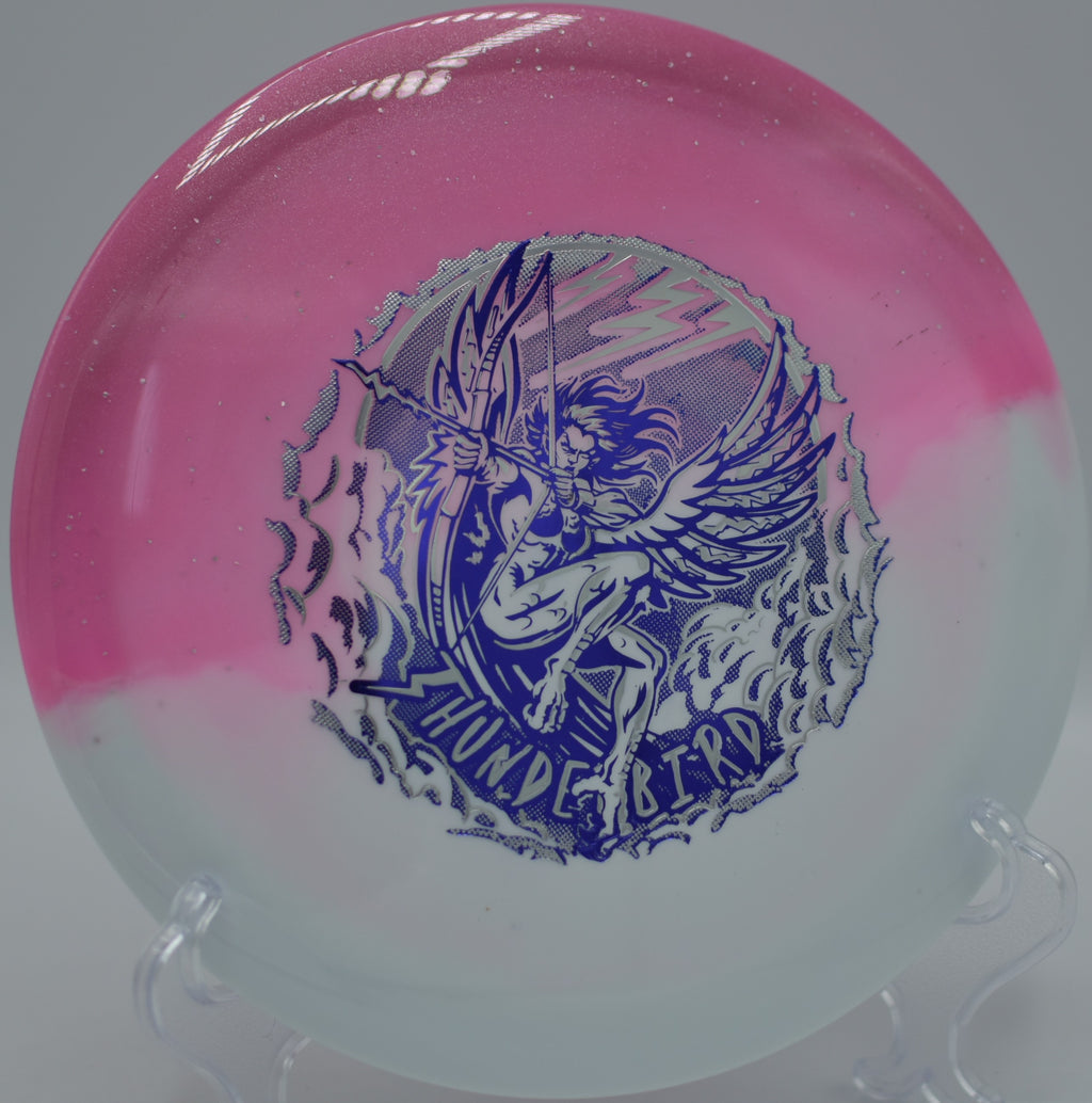 Duo Thunderbird blasting a downhill drive at Emerald Park DGC in Mesa, AZ, carrying glide before spiking into the fairway.