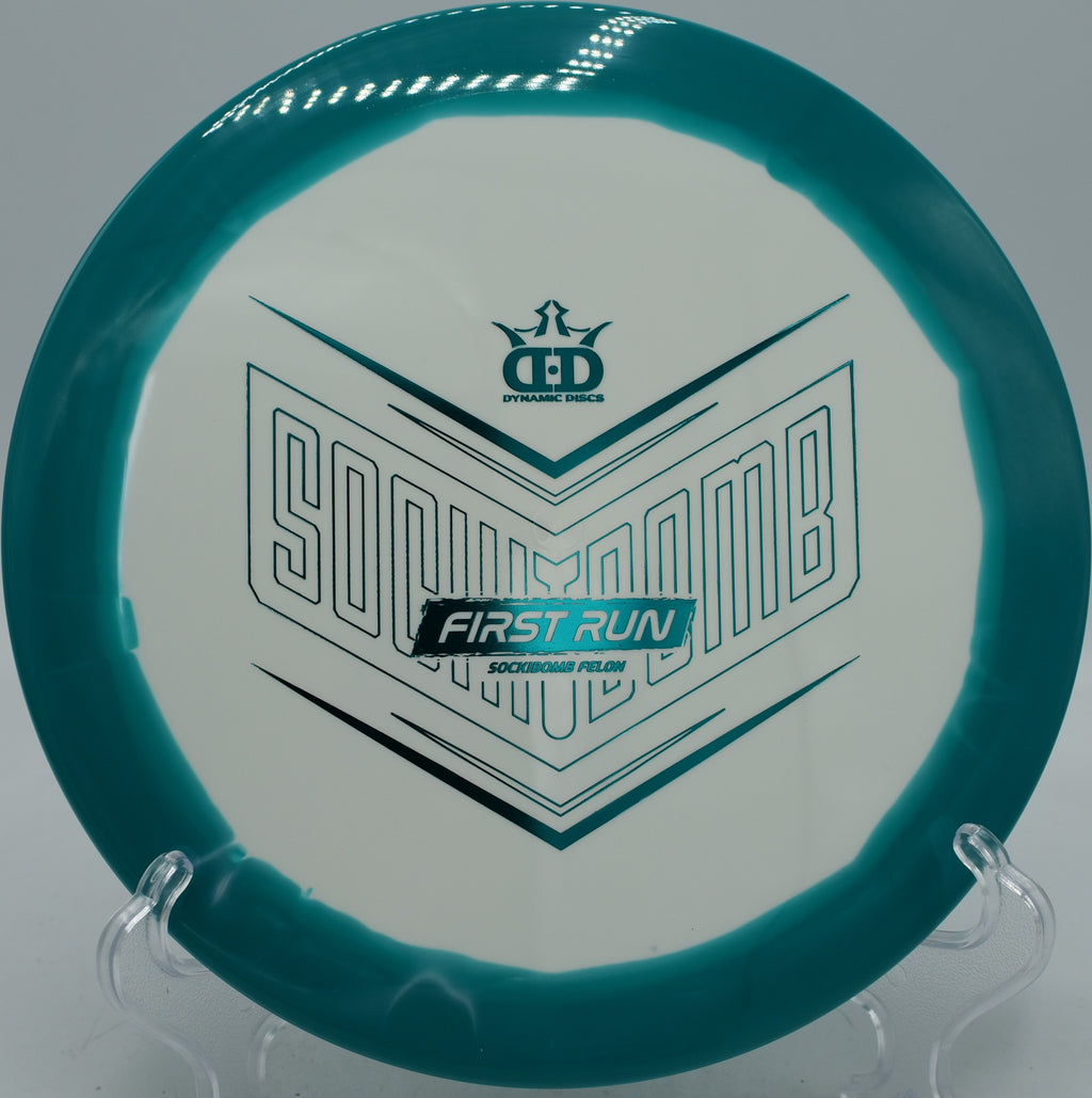 Dynamic Discs Supreme Orbit Sockibomb Felon First Run fairway driver controlling flex shots at Winthrop Gold Disc Golf Course in Rock Hill, South Carolina.