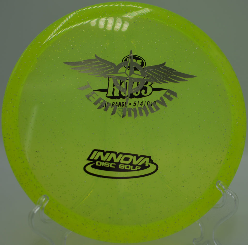 Player releasing a Champion Metalflake Roc3 Team Stamp on a smooth forehand approach at Hornets Nest Disc Golf Course in Charlotte, North Carolina.