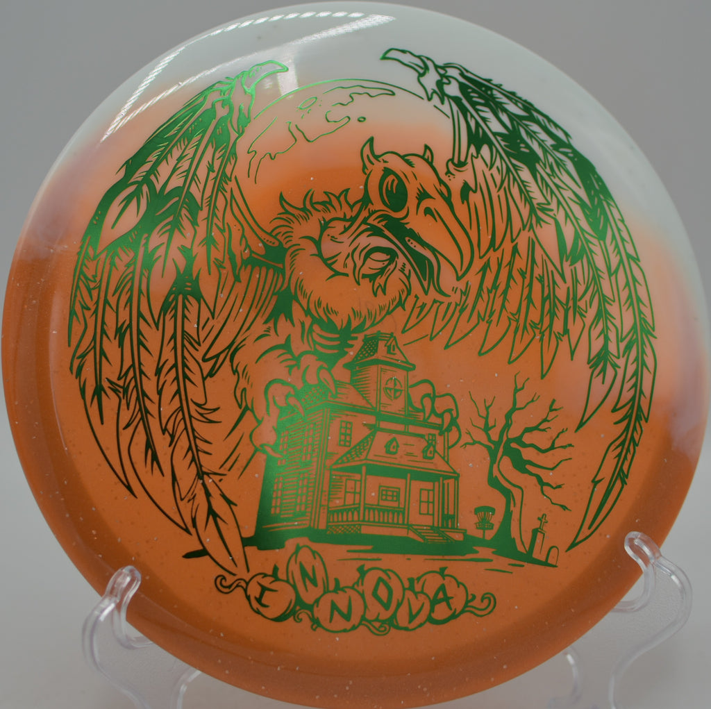 Innova Halloween Duo Roc3 gliding toward the basket at Brown Deer Park Disc Golf Course in Milwaukee, Wisconsin.