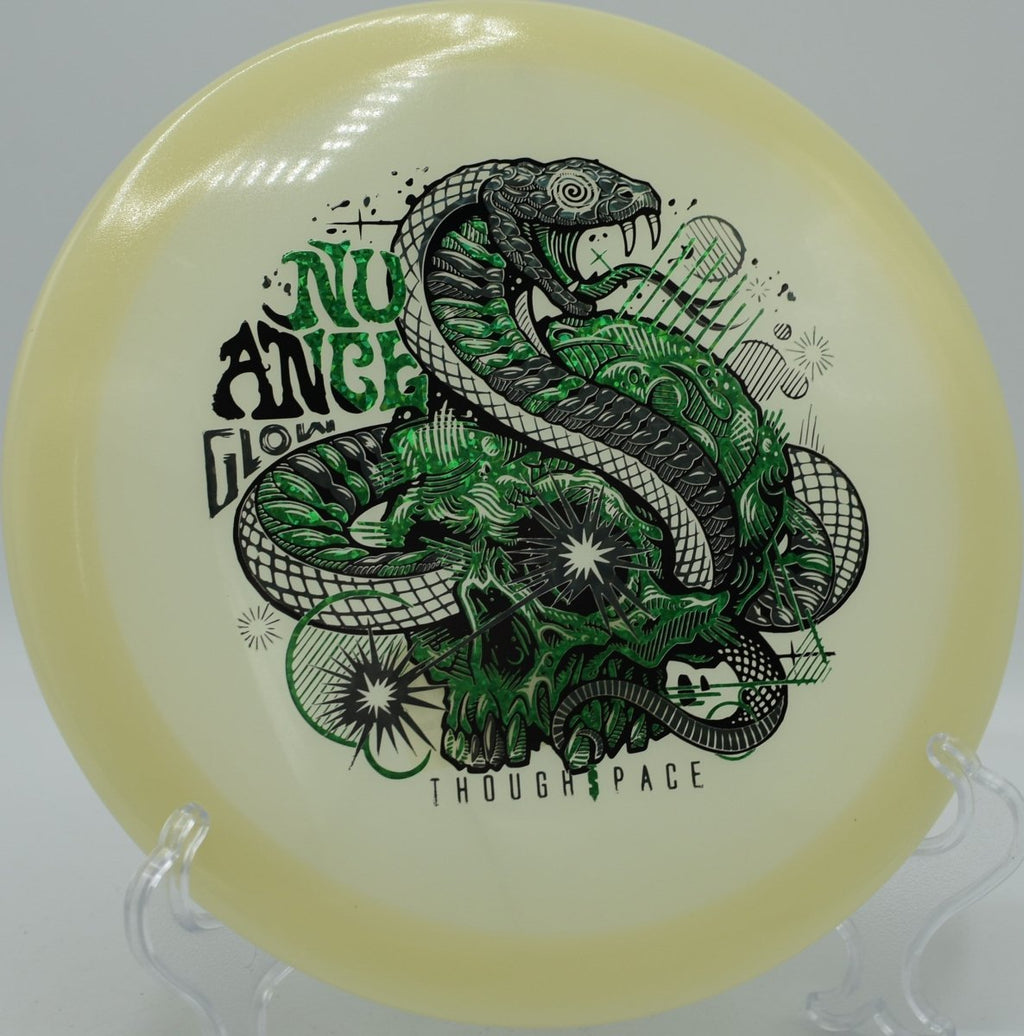 Nuance fairway driver attacking the green with a glidey approach at Fox Prairie Disc Golf Course in Noblesville, Indiana