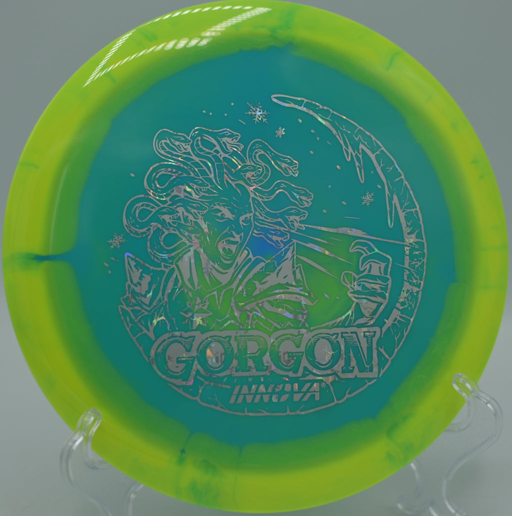 Innova Halo Star Gorgon smashing a clean backhand at Pendaries Village DGC in Rociada, NM, neutral stability carrying long, straight distance.