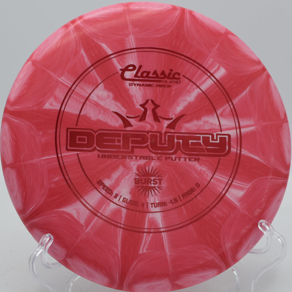 Dynamic Discs Classic Blend Burst Deputy straight-flying putter sinking putts at Maple Hill Disc Golf Course in Leicester, Massachusetts.