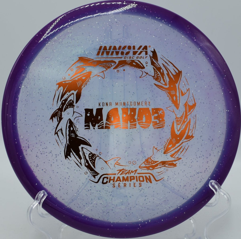 Innova Halo Champion Metal Flake Mako3 midrange holding angle at Pier Park Disc Golf Course in Portland Oregon