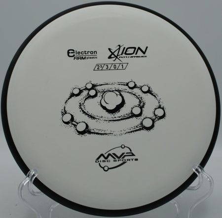 MVP Electron Firm Ion disc golf putter positioned for a straddle putt at Eagle Ridge Disc Golf Course in Oswego, Illinois