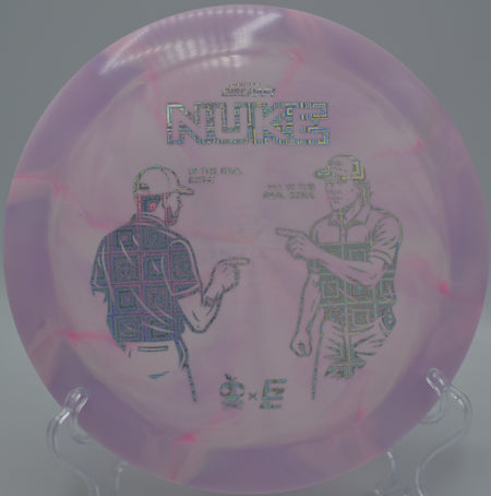 Aderhold & Robinson ESP Nuke Collaboration spinning clean on a full-distance shot at Idlewild Disc Golf Course in Burlington, Kentucky.