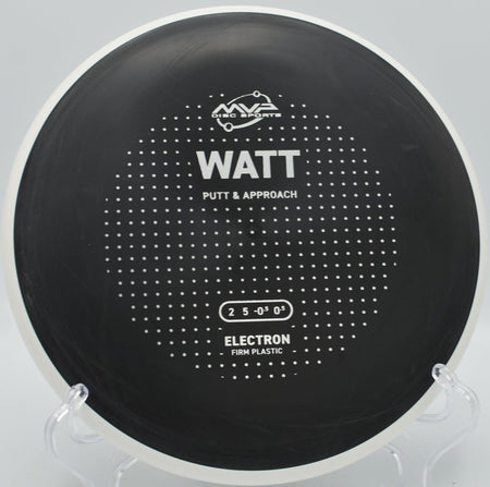 MVP Electron Firm Watt putter resting beside the basket cage at Hudson Springs Park Disc Golf Course in Hudson, Ohio