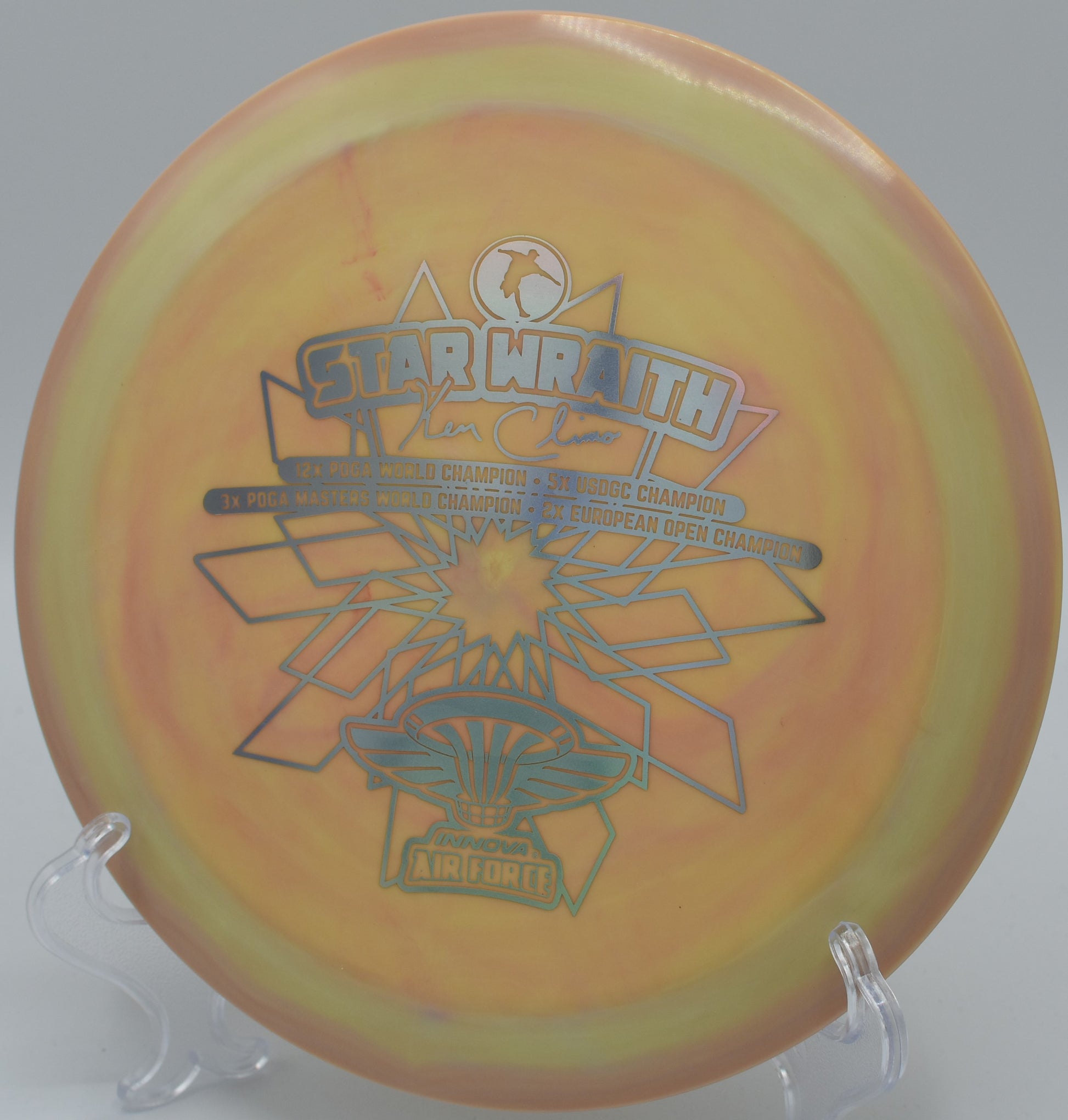 Rare SWIRLY STAR WRAITH (KEN CLIMO AIR FORCE STAMP) disc, ideal for disc golf enthusiasts seeking unique designs, available nationwide and in Tacoma, WA, including states like California, Texas, and Florida.