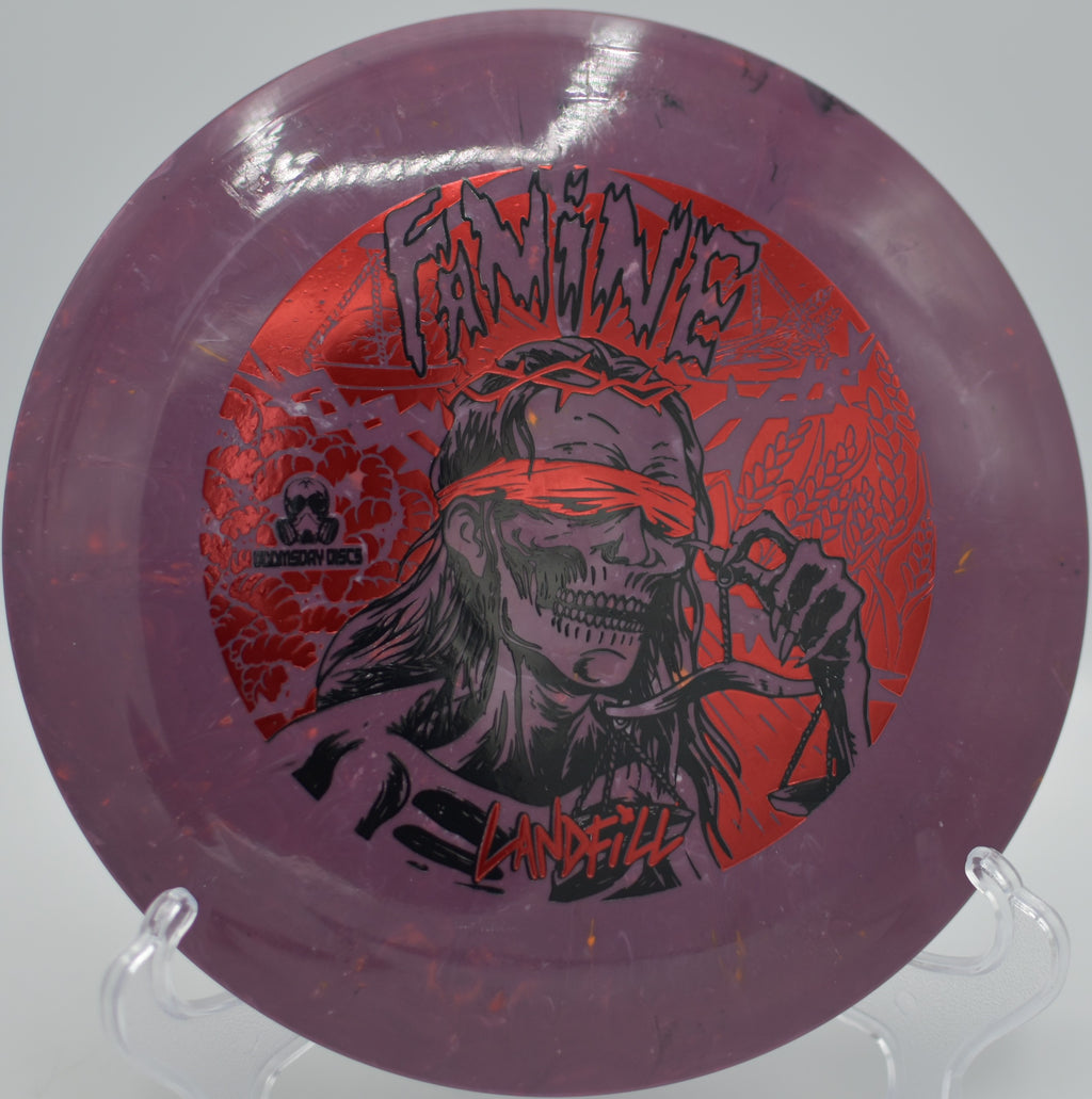 Landfill Famine launching a hyzer-flip distance shot at Quarry Park DGC in Sheboygan, WI, flipping to flat and gliding deep down the fairway.