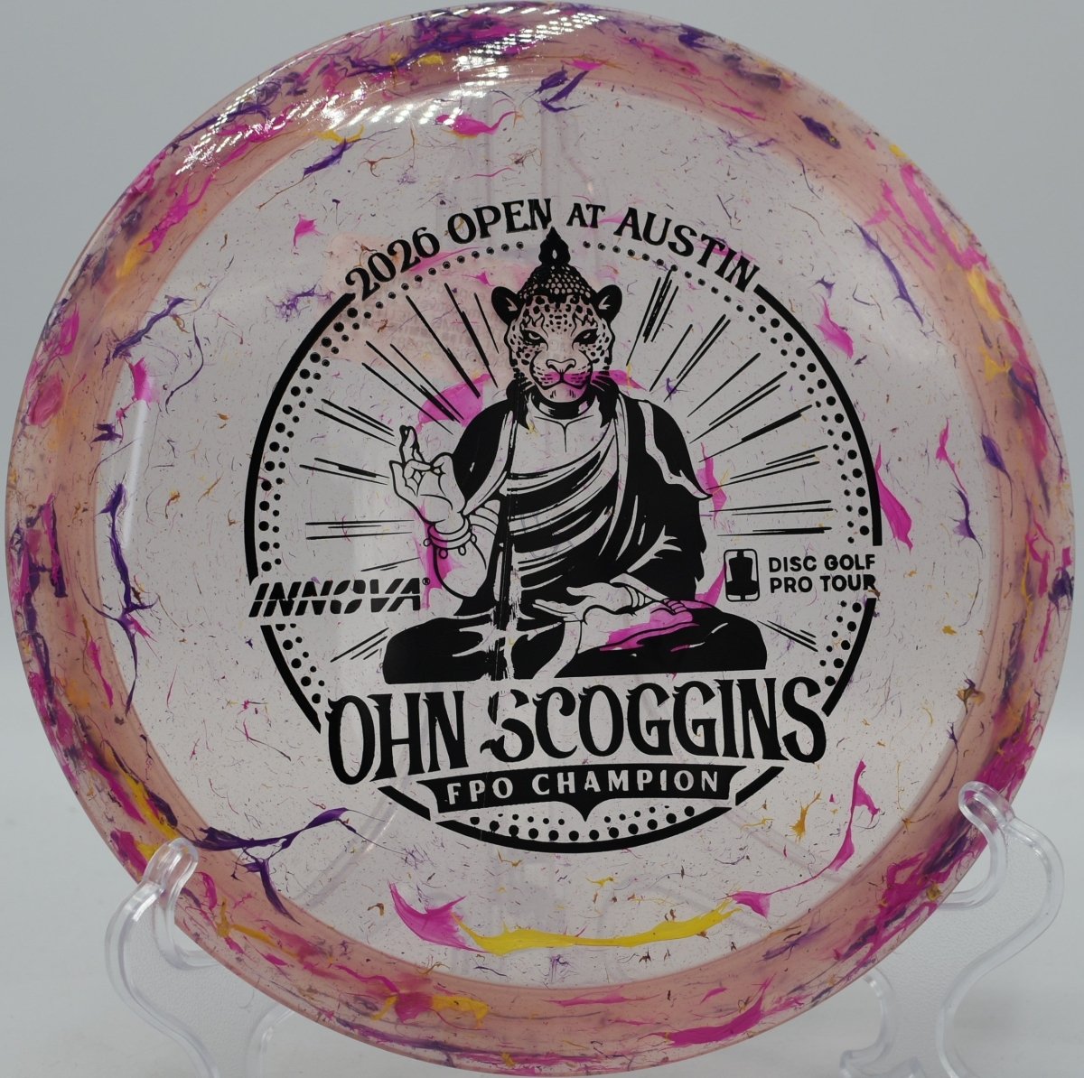 Innova Party Time Leopard3 displayed at Eagles Crossing Disc Golf Course in Hawk Point, Missouri, trusted for controlled turnovers and precision disc golf placement shots