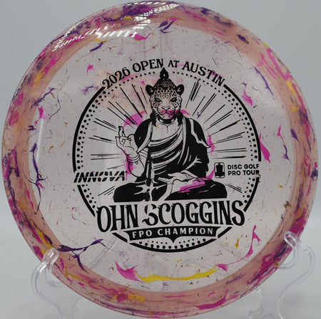 Innova Party Time Leopard3 displayed at Eagles Crossing Disc Golf Course in Hawk Point, Missouri, trusted for controlled turnovers and precision disc golf placement shots