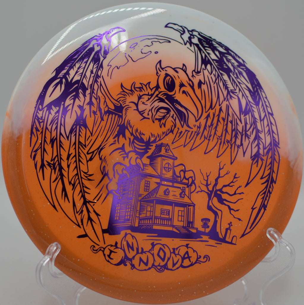 Halloween Duo Roc3 Mid-Range holding a headwind line at Stafford Lake Disc Golf Course in Novato, California.
