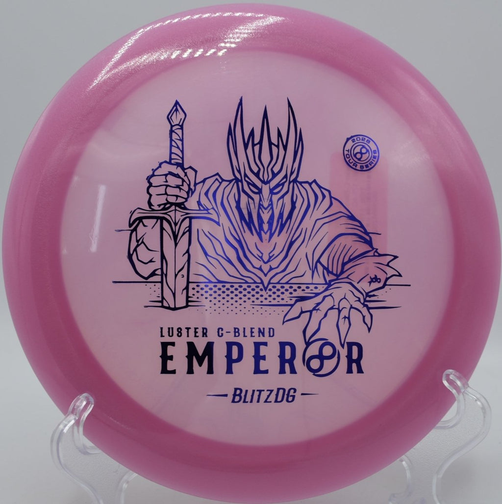 Luster C-Blend Emperor distance driver staged on tee pad at Winthrop University Disc Golf Course in Rock Hill, South Carolina