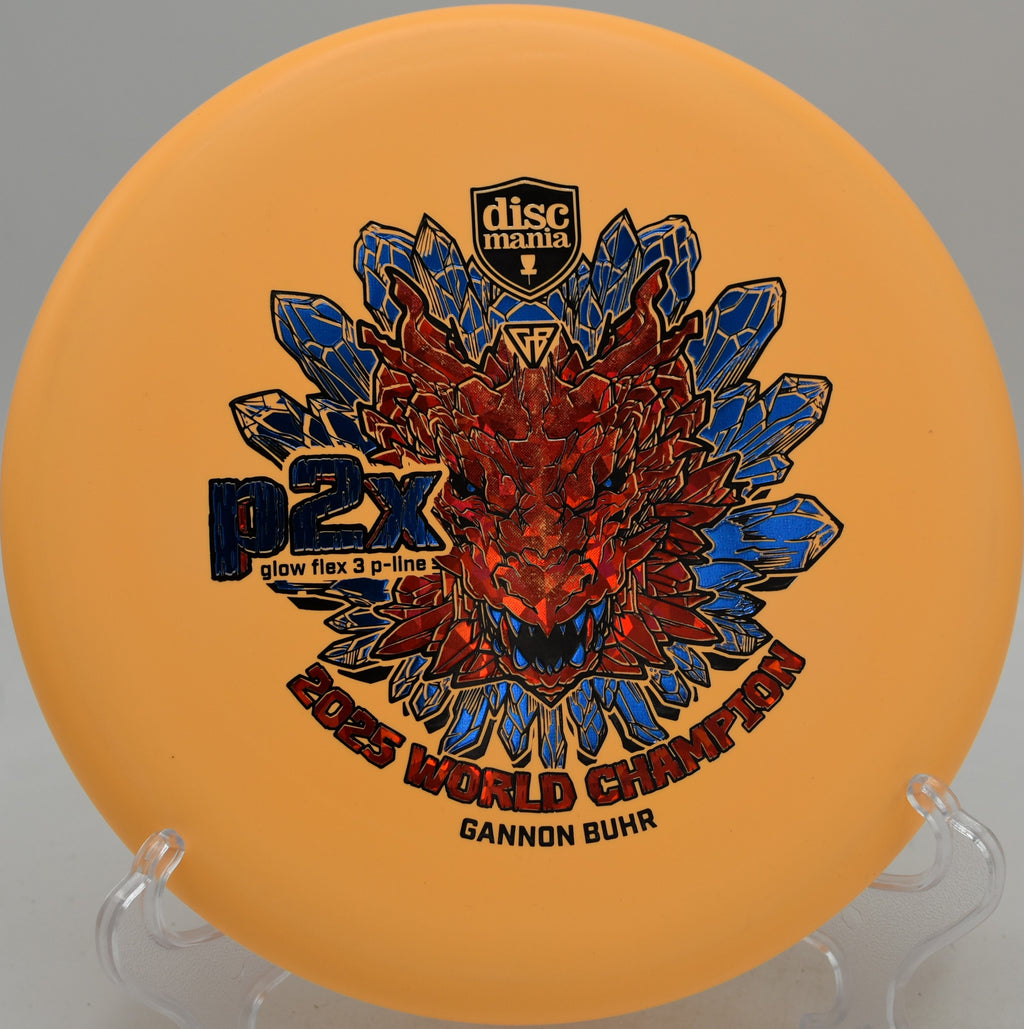 Glow Flex 3 P-Line P2x Gannon Buhr 2025 World Champion Triumph Series putter parked on technical greens at Lincoln Ridge Disc Golf Course in Independence, Kentucky.