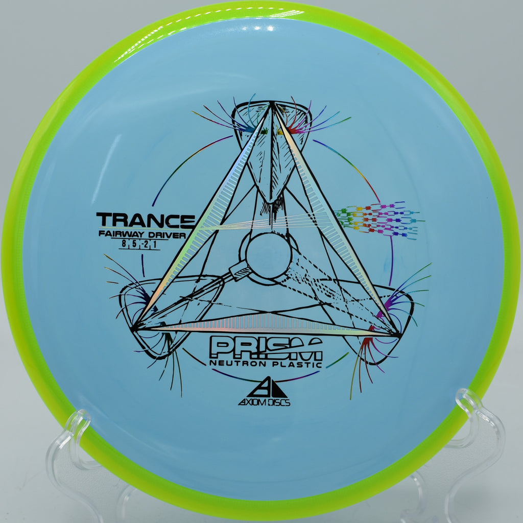 Player holding a Prism Neutron Trance on the tee box at Kensington Toboggan in Michigan

