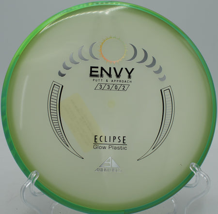 Eclipse Envy MVP glowing plastic disc parking on a short hyzer at Blue Ribbon Pines Disc Golf Course in East Bethel, Minnesota.