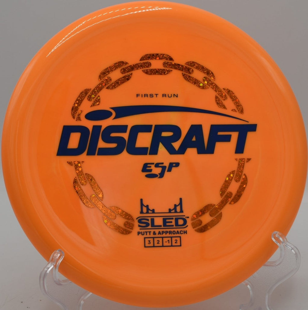 ESP First Run Sled controlled putter drive off tee at Iron Hill Disc Golf Course in Newark, Delaware