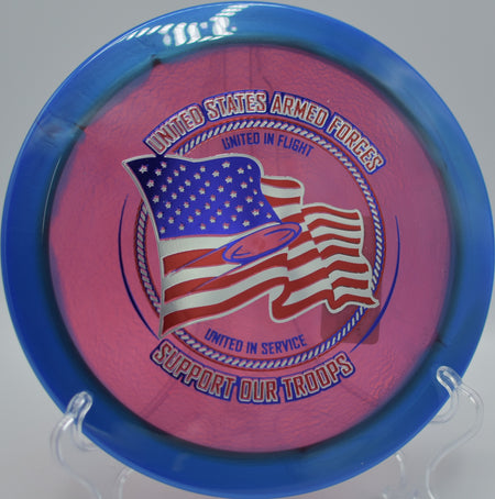 Support Our Troops Halo Champion Firebird positioned near basket three at Appling DGC in Augusta, GA, ideal for torque-resistant forehand lines.