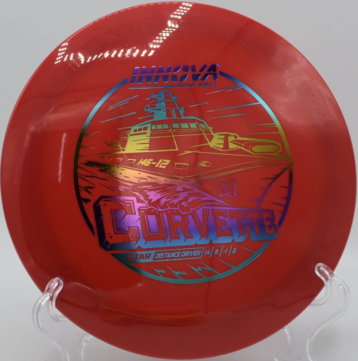 Innova Star Corvette distance driver gliding across wide fairway on a max distance shot at Northwood Black Disc Golf Course in Morton, Illinois
