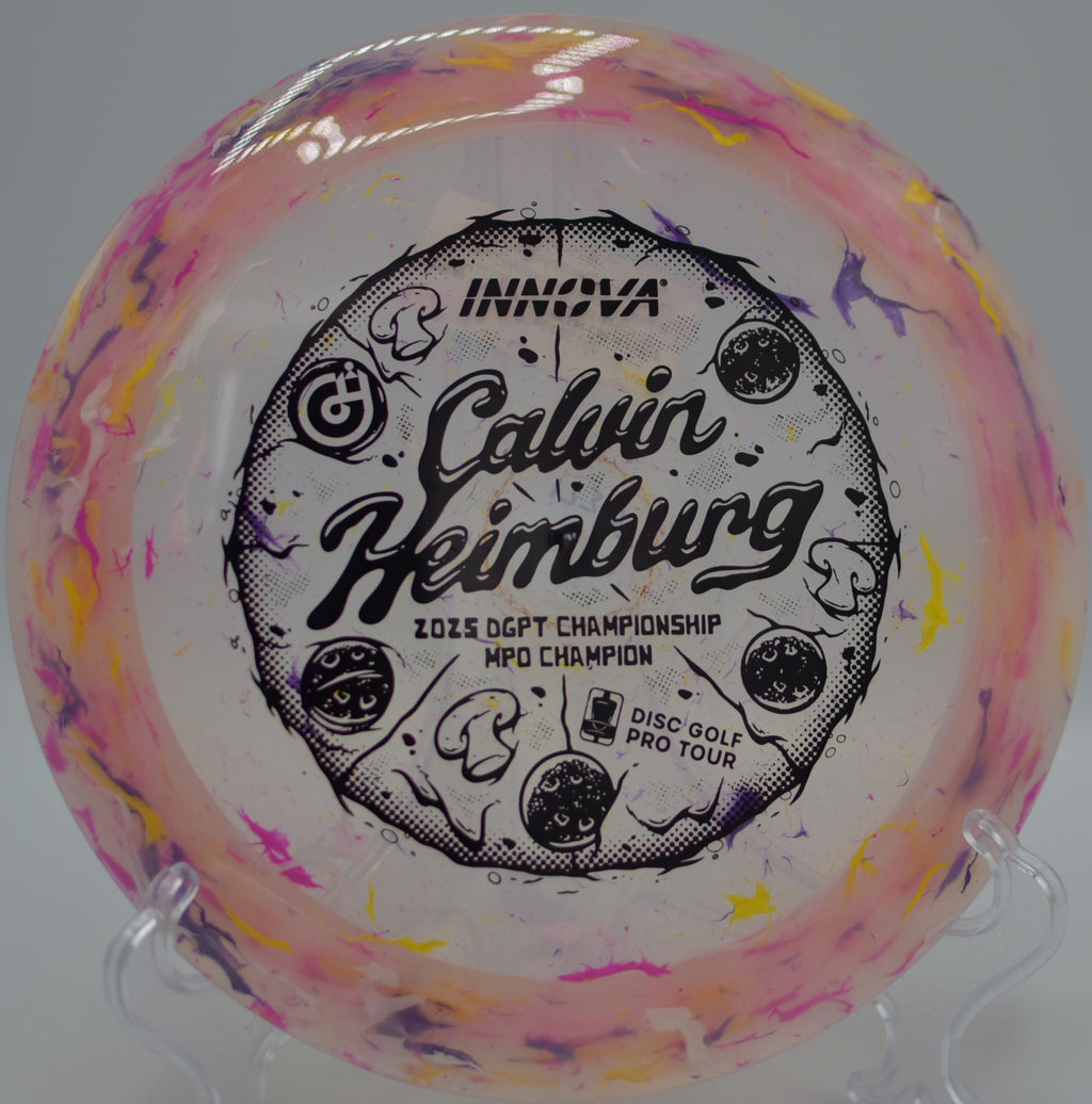 Calvin Heimburg Destroyer soaring high over open fairways at Rotary Park Disc Golf Course in Merritt Island, Florida.