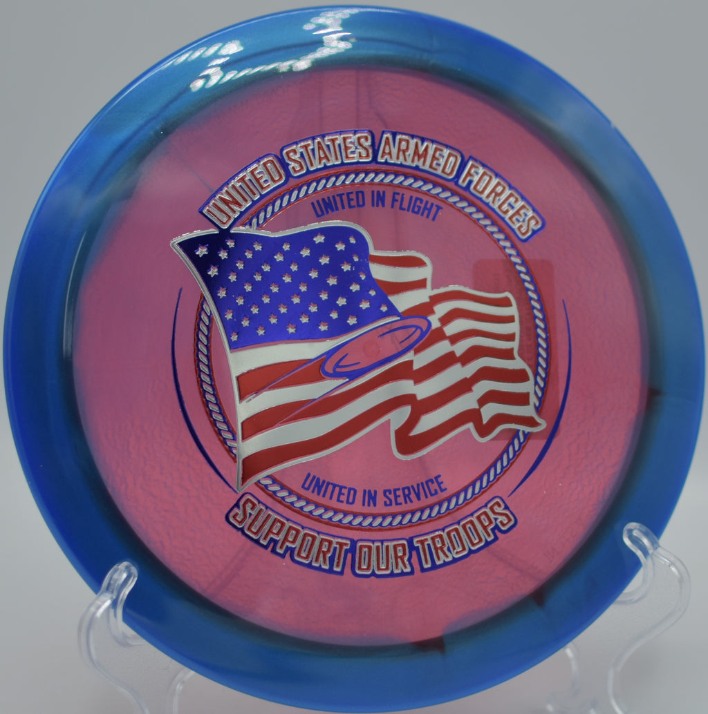 Patriotic Halo Champion Firebird (Support Our Troops) glowing in the sun at Orangevale Park DGC in Orangevale, CA, built for reliable wind-fighting stability.