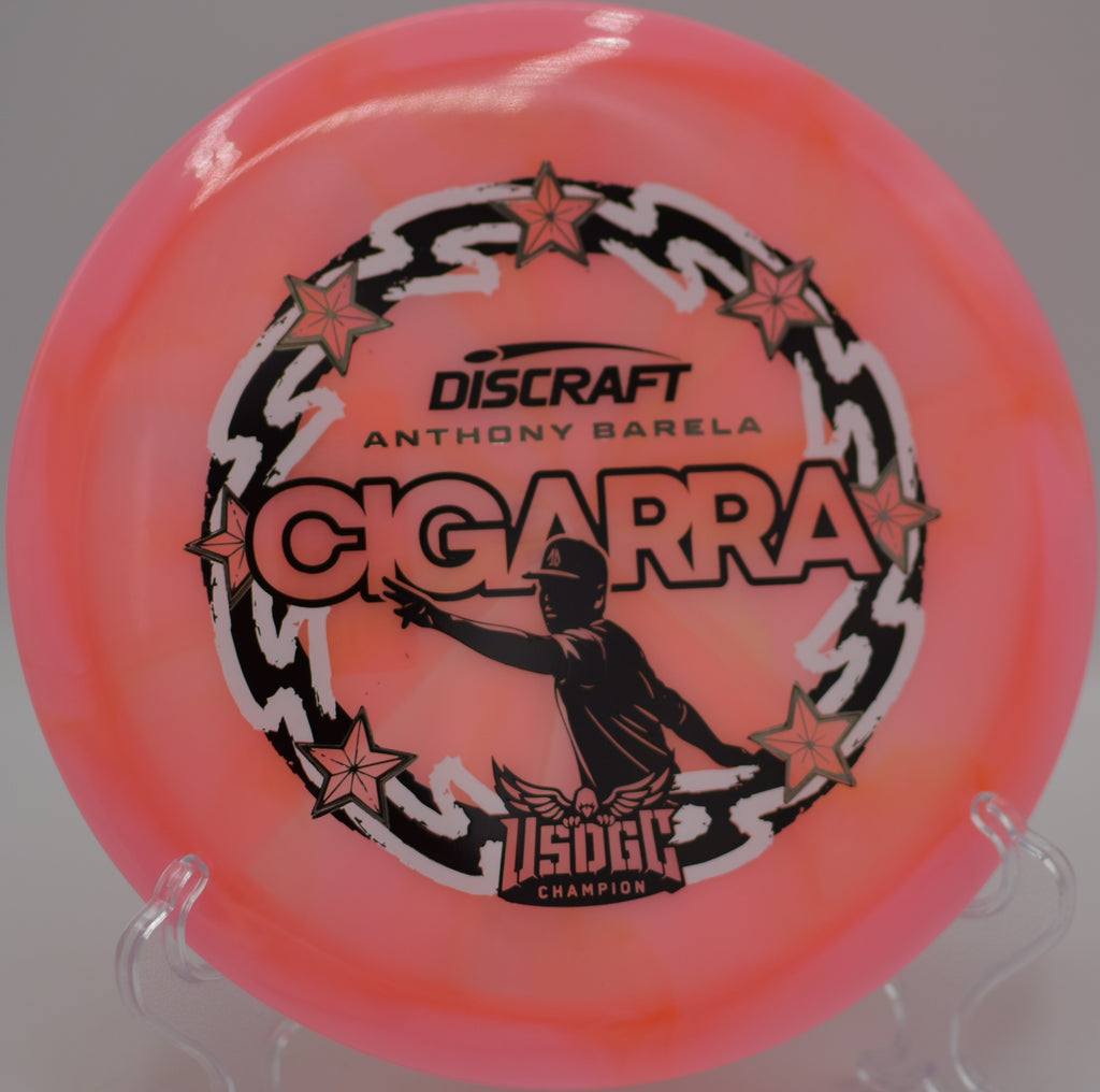 Z-Swirl Cigarra resting on the tee at Hidden Lake DGC in Merrillville, IN, great for smooth straight-to-fade shots.