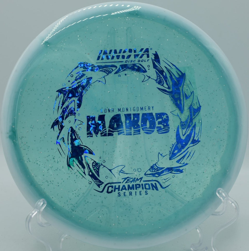 Innova Halo Champion Metal Flake Mako3 midrange providing glide control at Roy G Guerrero Disc Golf Course in Austin Texas