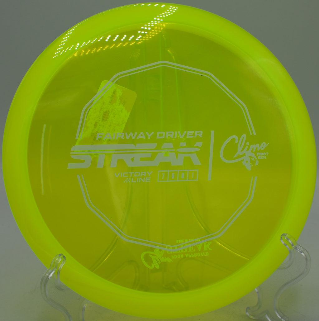 First Run Victory Line Streak by Climo Discs launched on a straight fairway drive at Nevin Park Disc Golf Course in Charlotte, NC