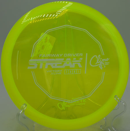 First Run Victory Line Streak by Climo Discs launched on a straight fairway drive at Nevin Park Disc Golf Course in Charlotte, NC