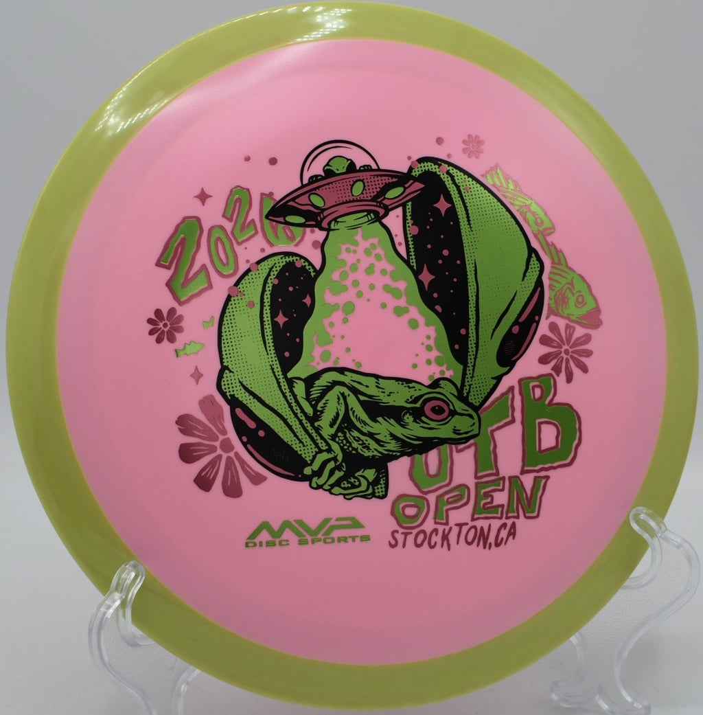 2026 OTB Open Delirium Fission plastic distance driver on wooded hillside fairway at Nevin Park Disc Golf Course in Charlotte, North Carolina