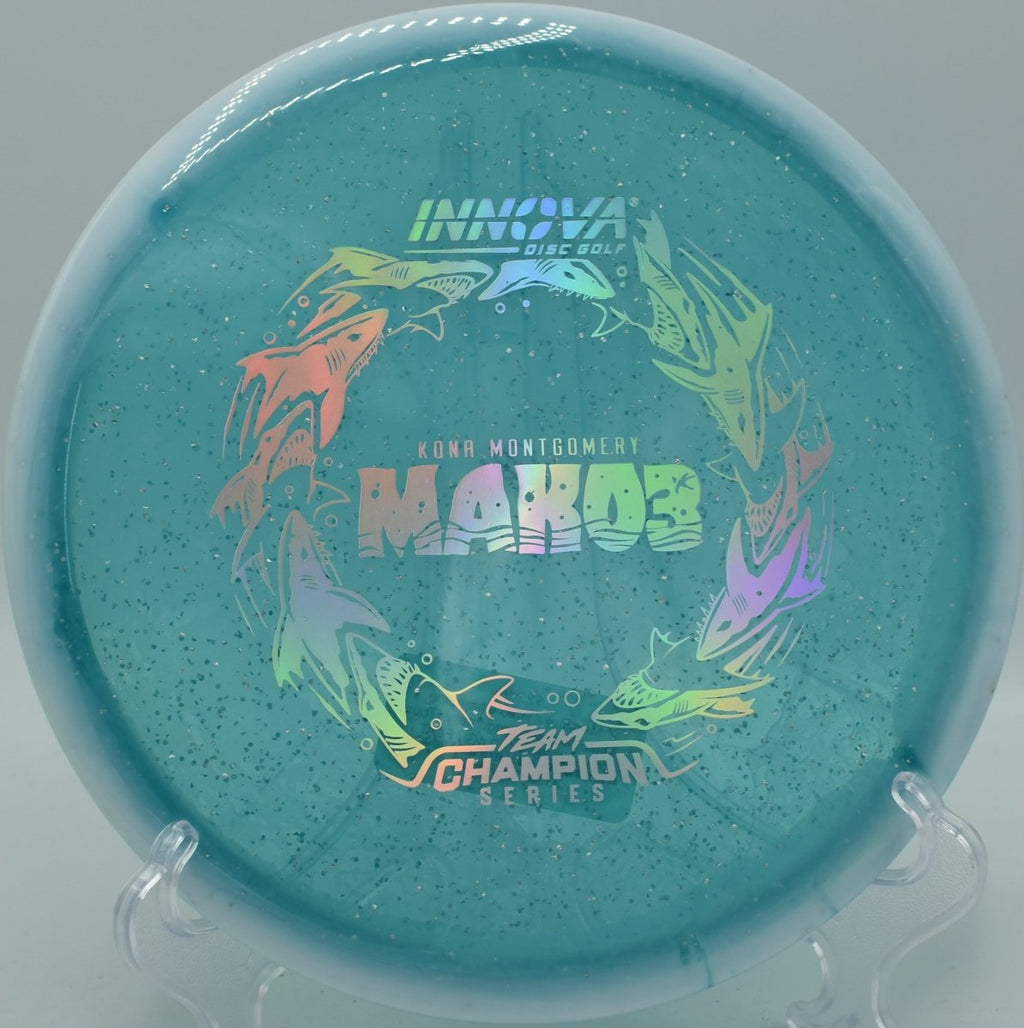 Innova Halo Champion Metal Flake Mako3 disc golf midrange holding release at Morley Field Disc Golf Course in San Diego California