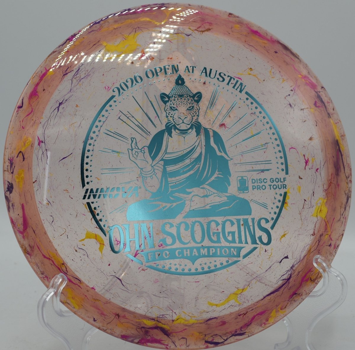 Ohn Scoggins Leopard3 Commemorative edition resting near the basket at Brewster Ridge Disc Golf Course in Smugglers' Notch, Vermont, built for accurate approaches and fairway control