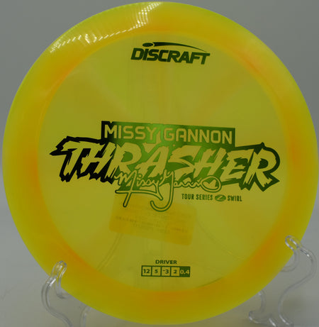 Z Swirl Thrasher sailing on a big hyzer flip at Buckhorn Disc Golf Course in New Hill, North Carolina.

