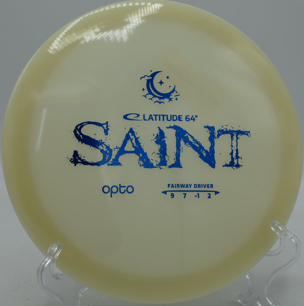 Latitude 64° Opto Moonshine Saint fairway driver glowing under night skies at Hornets Nest Disc Golf Course in Charlotte, North Carolina.
