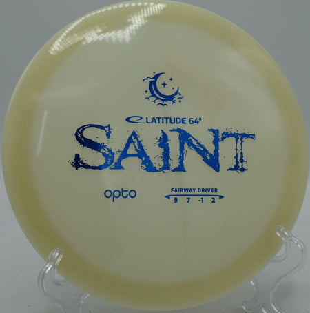 Latitude 64° Opto Moonshine Saint fairway driver glowing under night skies at Hornets Nest Disc Golf Course in Charlotte, North Carolina.