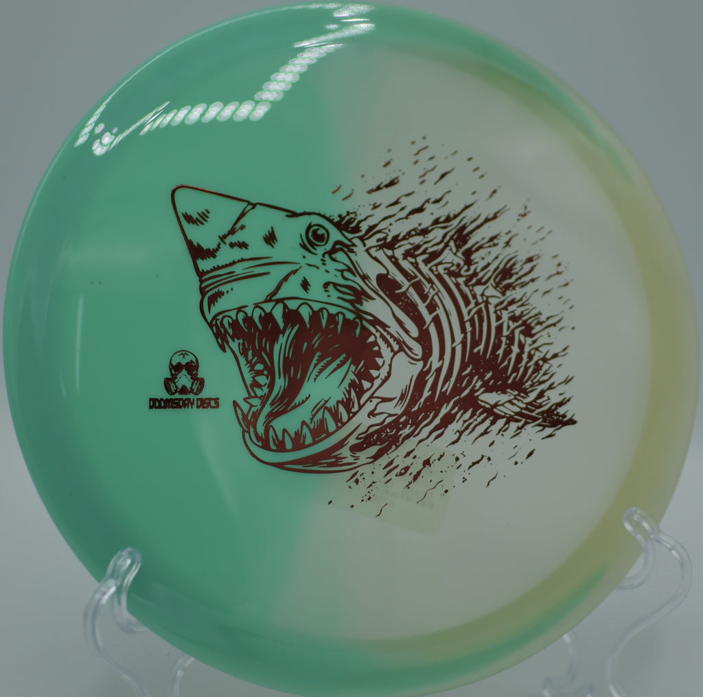 Doomsday Discs Glow Chemtrail photographed during a night round at North Valley DGC in Inver Grove Heights, MN, built for glide-focused shaping.