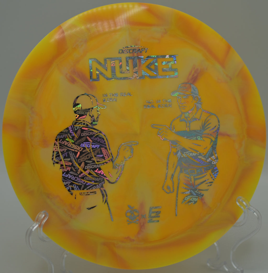 2025 Ezra Aderhold & Robinson ESP Nuke Collaboration gliding smoothly under tree cover at Hornets Nest Disc Golf Course in Charlotte, North Carolina.