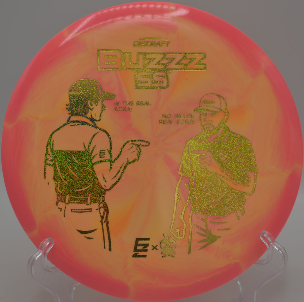 2025 ESP Buzzz SS collaboration edition sitting under chains after a clean release at Winthrop Gold Disc Golf Course in Rock Hill, South Carolina.