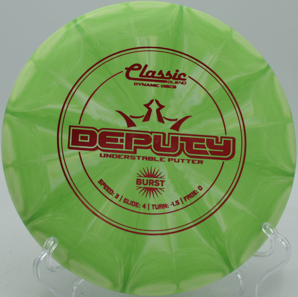 Classic Blend Burst Deputy Dynamic Discs understable putter carving anhyzer putts at Jonesboro Disc Golf Course in Jonesboro, Arkansas.